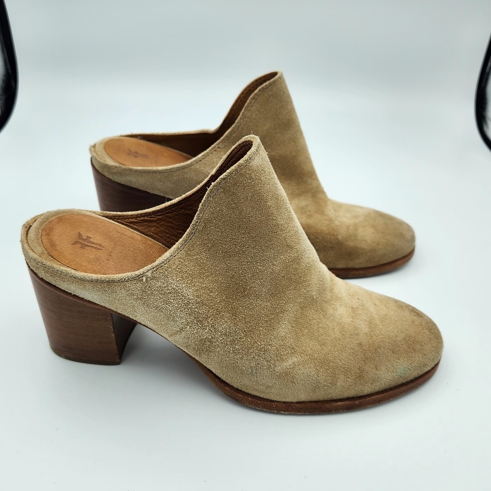 Frye Naomi Suede Heeled Mules Beige Tan Size 7.5‎